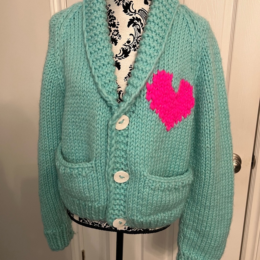 GOGO 100% wool Turquoise Cardigan with Pink Heart